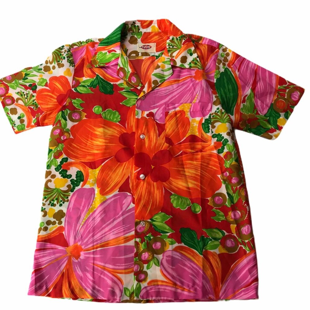 Pomare Hawaii Hawaiian Shirt Short Sleeve Bright Tropical Floral Print Men's Lg